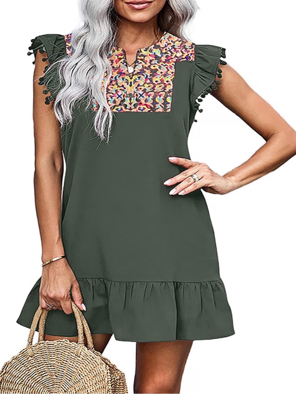 Women’s Olive Green Floral Embroidered Ruffle Sleeve Dress